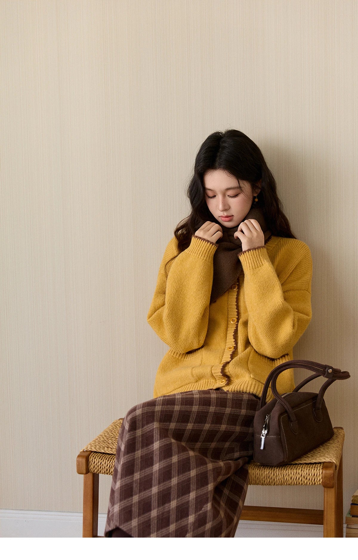 MISHOW Women's Yellow Knitted Cardigan 2025 Autumn Winter Color Collision Edge Sweater Pockets Loose Warm Casual Tops MXE94Z2973