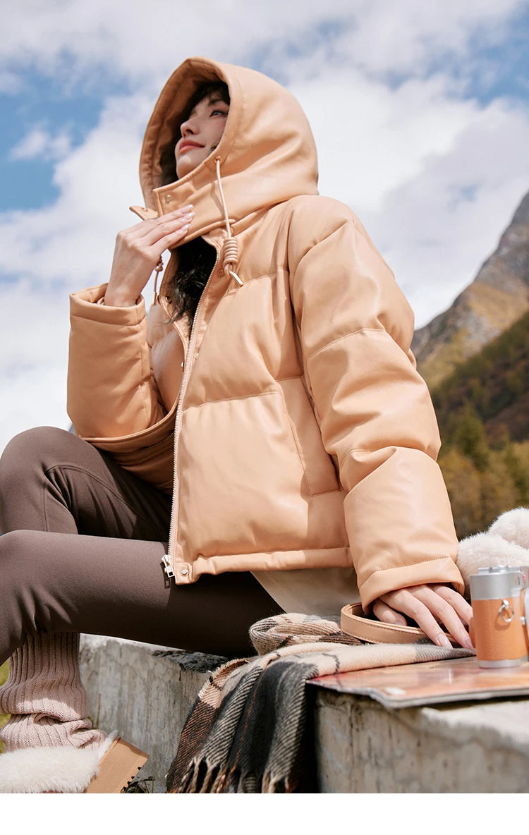 MISHOW Women's Winter Down Jacket 2023 Hooded Short White Duck Down Coats Imitation Protein Leather Puffer Jackets MXC52Y0008