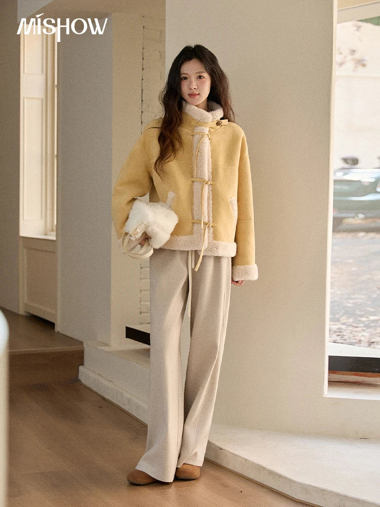 MISHOW  Woman Yellow Jackets 2025 Winter Suede Fur Collar Short Coat Luxury Comfortable Single-breasted Commuter Coat MXE89W0897