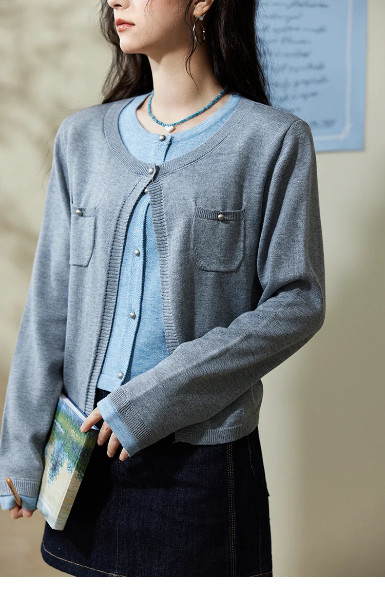 MISHOW Wool Knitted Cardigan Fake Two-piece Contrasting 2025 Spring Women Slim Fit Top O Neck Patch Pocket Sweaters MXE12Z1144