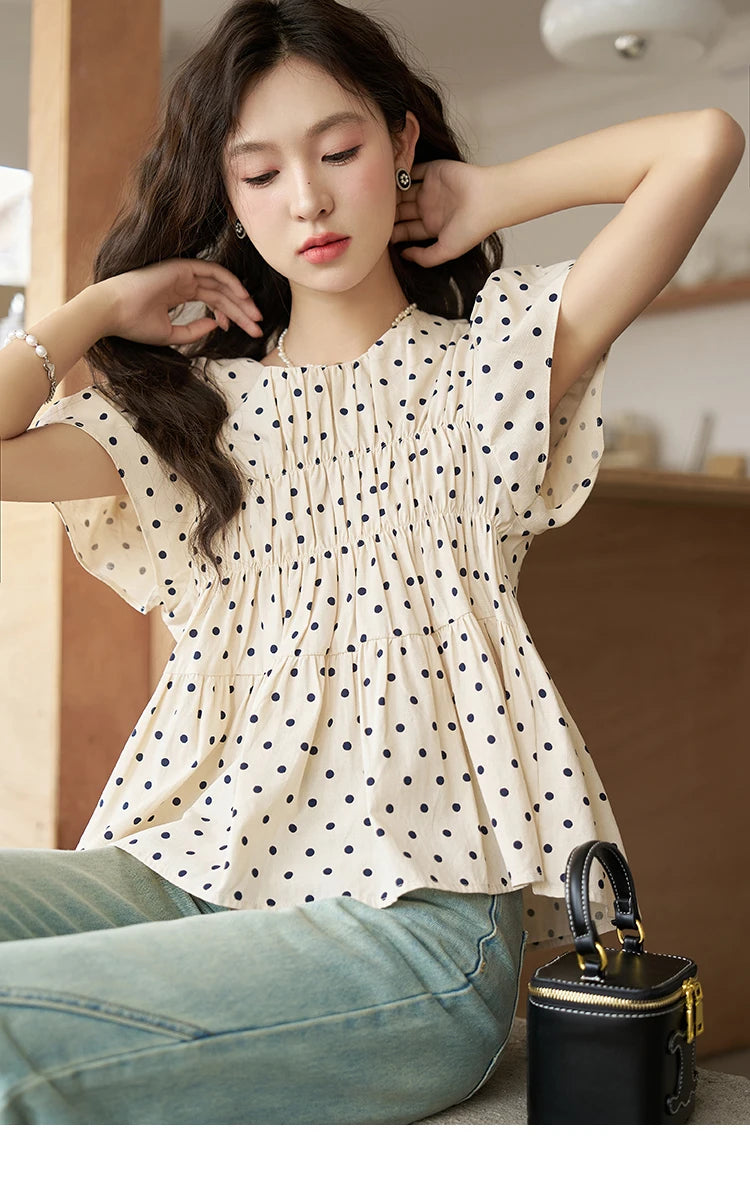 MISHOW Polka Dot Blouses for Women 2025 Summer French Flying Sleeve O Neck Elastic Folds Loose Retro Female Doll Top MXC39X1291