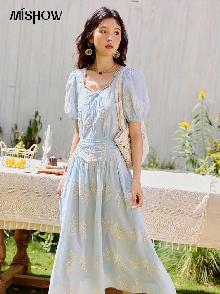 MISHOW Blue Square Neck Bubble Sleeve Dress for Women Summer 2025 Waist Vacation 100 Cotton Embroidered Long Dress MXE35L2234