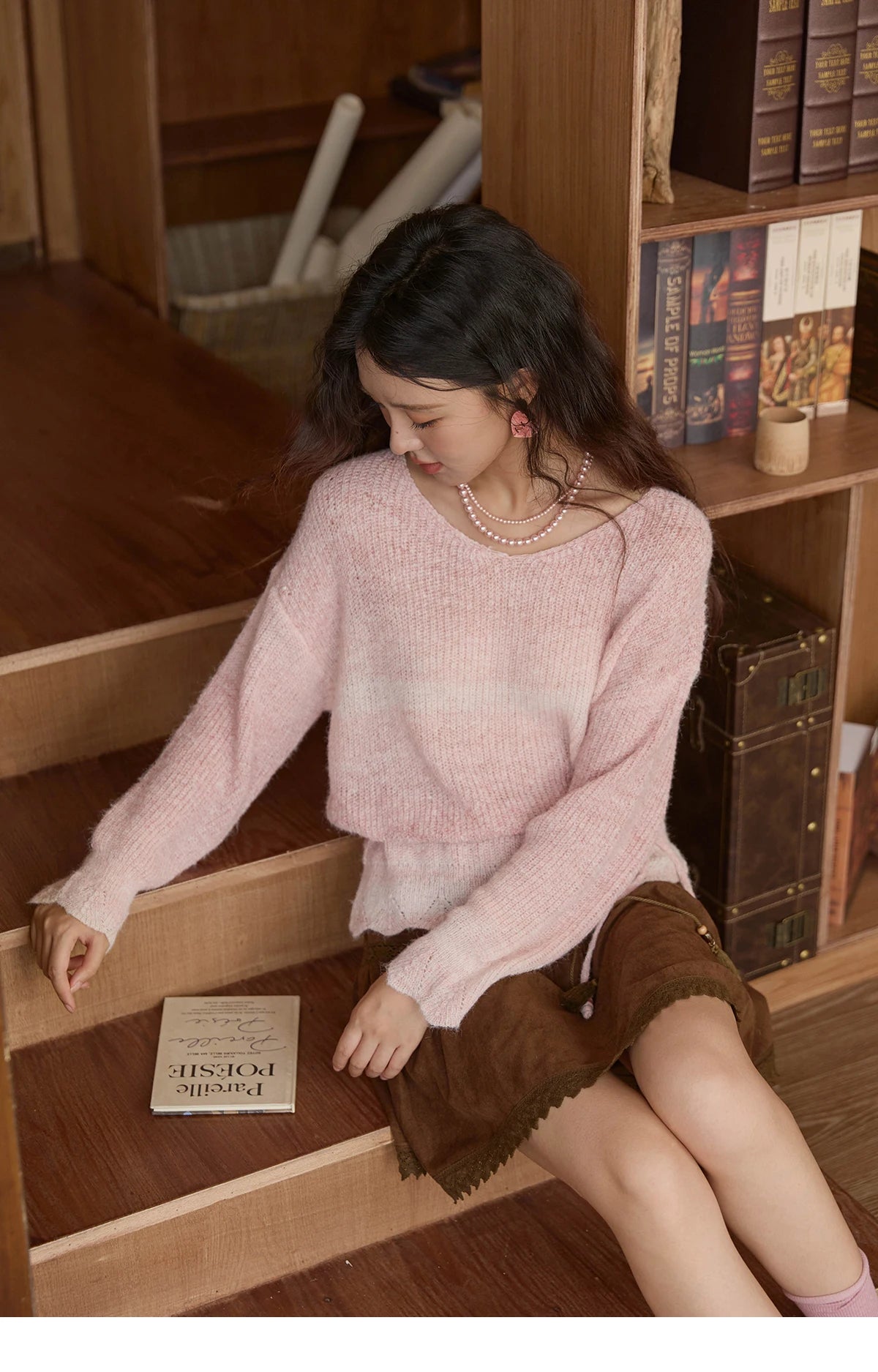 MISHOW Women's Pink Gradient Knitted Top 2025 Autumn French Wool Blend Ribbed Cuff Long Sleeve Tops with Knitted Rope MXE43Z1334