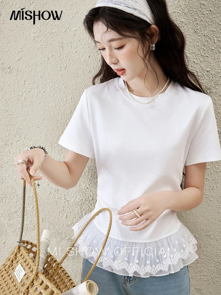 MISHOW Lace Hem Splicing T-shirt for Women Spring/summer 2025 Round Neck Versatile Top Streetwear Solid Casual Tees MXE31T0528