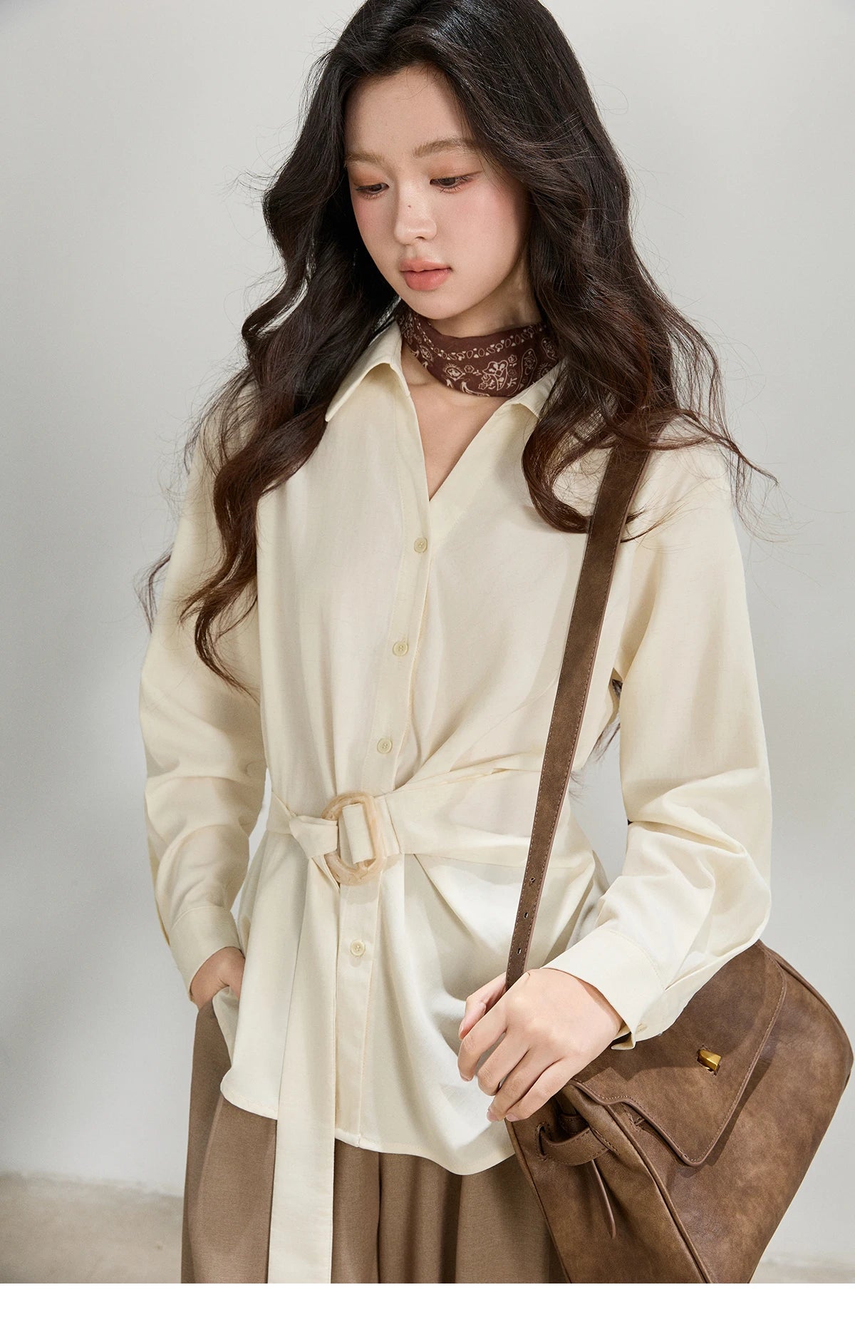 MISHOW Women's Lapel Collar Long Sleeve Shirt 2026 Spring with Belted Waist Casual Loose Soft Beige Shirt Office Lady MXF13C2452