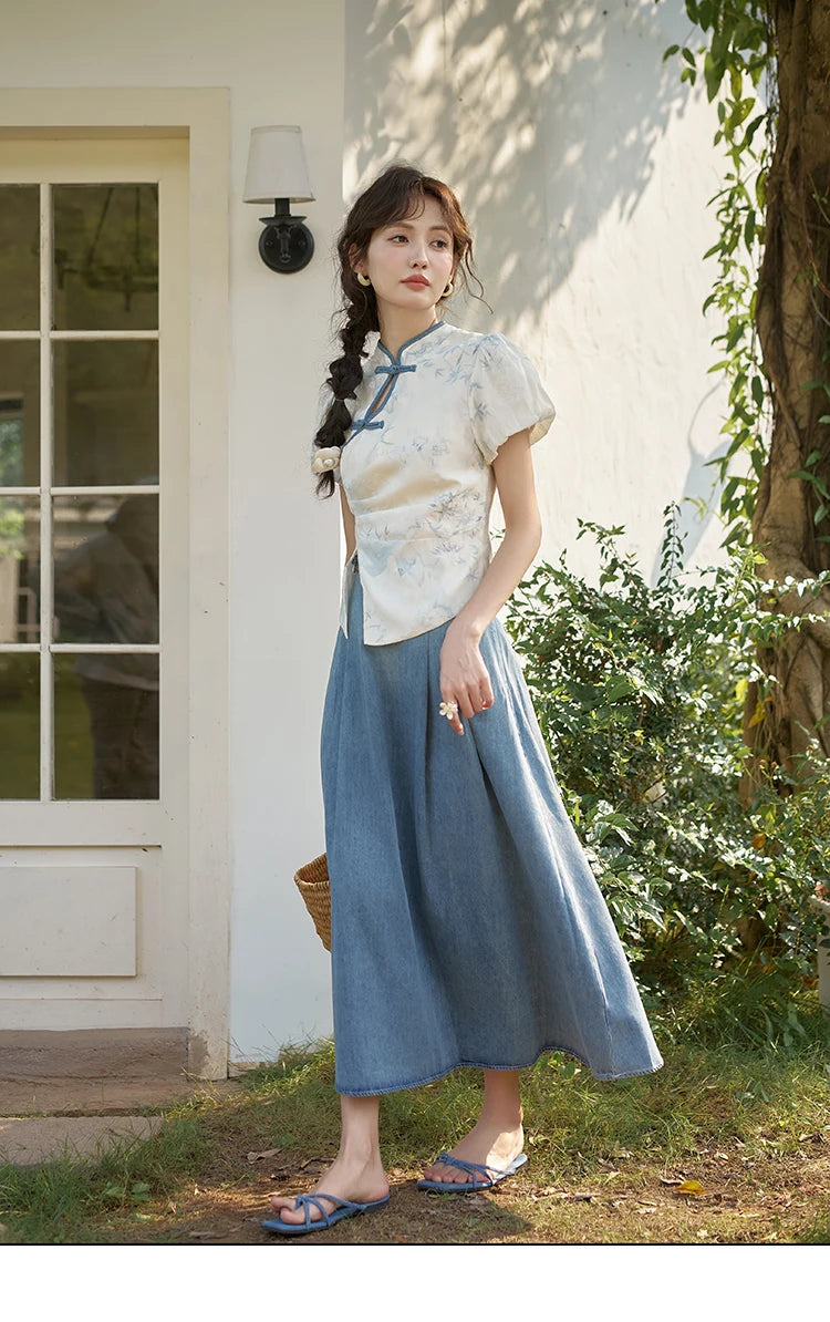 MISHOW Chinese Embroidered T-shirt High Waist Skirt Separately Summer 2024 Short Sleeve Split Hem Tops Denim Skirts MXD28X1604