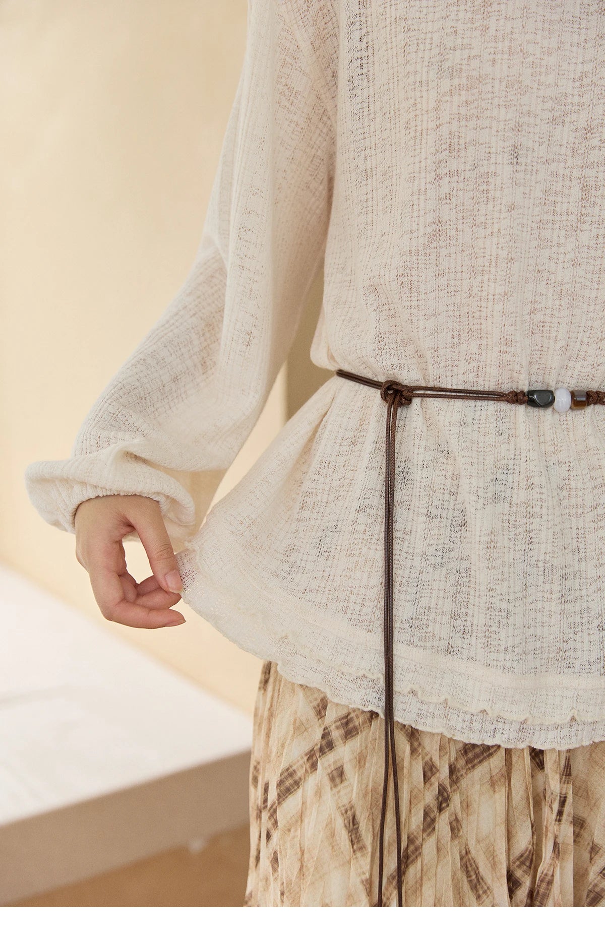 MISHOW Women's Lace Trim Boat Neck Knitted Tops with Belt 2026 Spring  Micro Transparent Loose Casual Thin Sweater MXF13Z3002