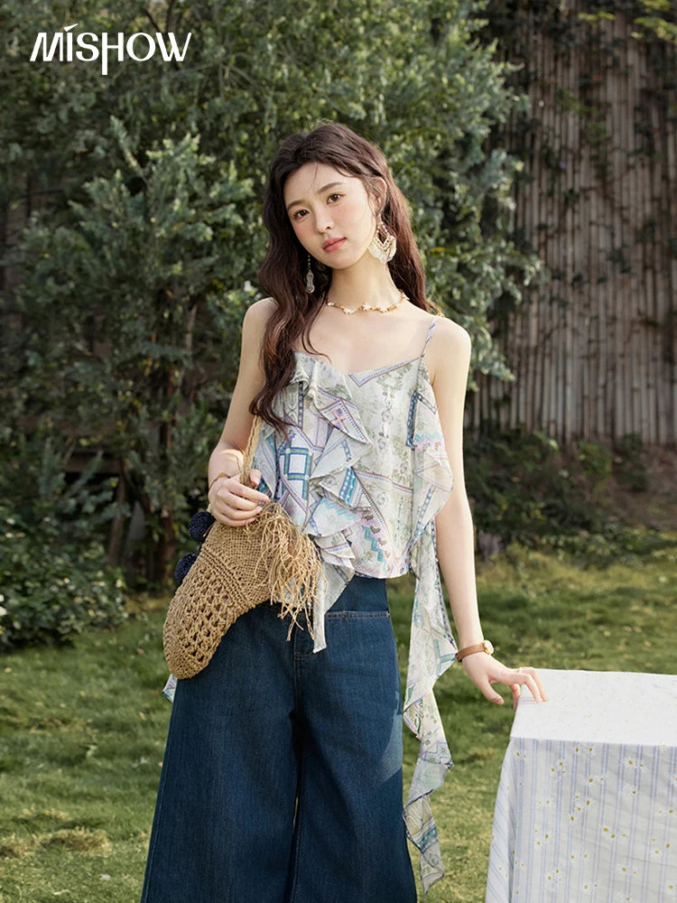 MISHOW Holiday Summer Camisole Tops Women 2025 Plaid Ruffled Layer Chiffon Floral Slimming Top Woman New Fashion MXE33X1803