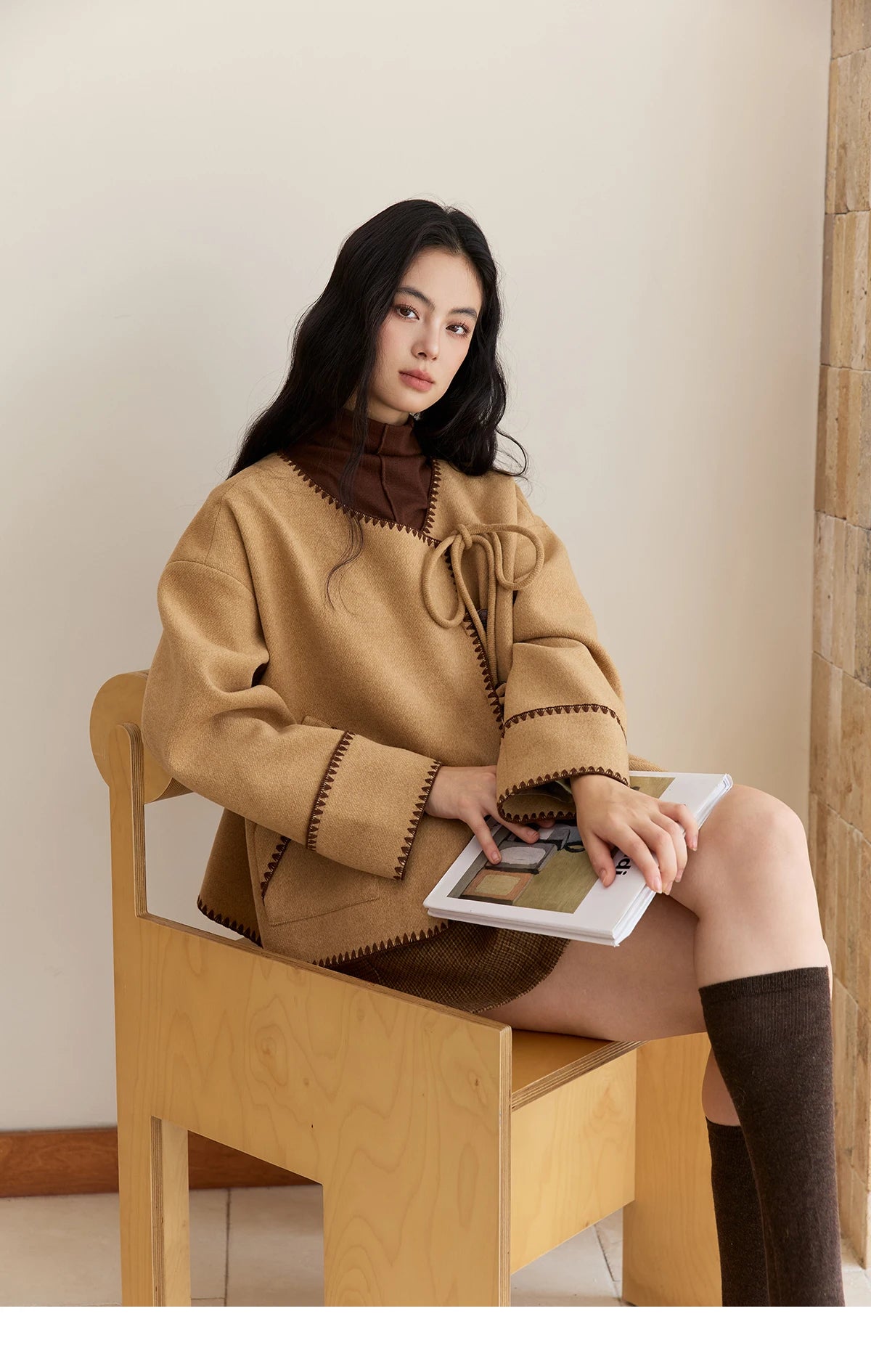 MISHOW Coat for Women 2025 Autumn Winter Khaki Asymmetrical Design Shell Flower Embroidery Lace-up Short Casual Coat MXE49W0854