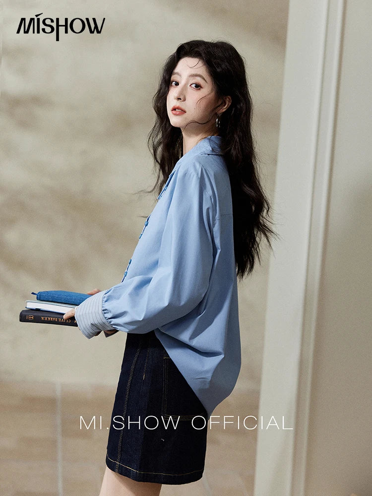 MISHOW Striped Patchwork Shirt for Women Spring 2025 Irregular Single Breasted Buckle Shirts Lapel Tops Office Lady MXE12C0412