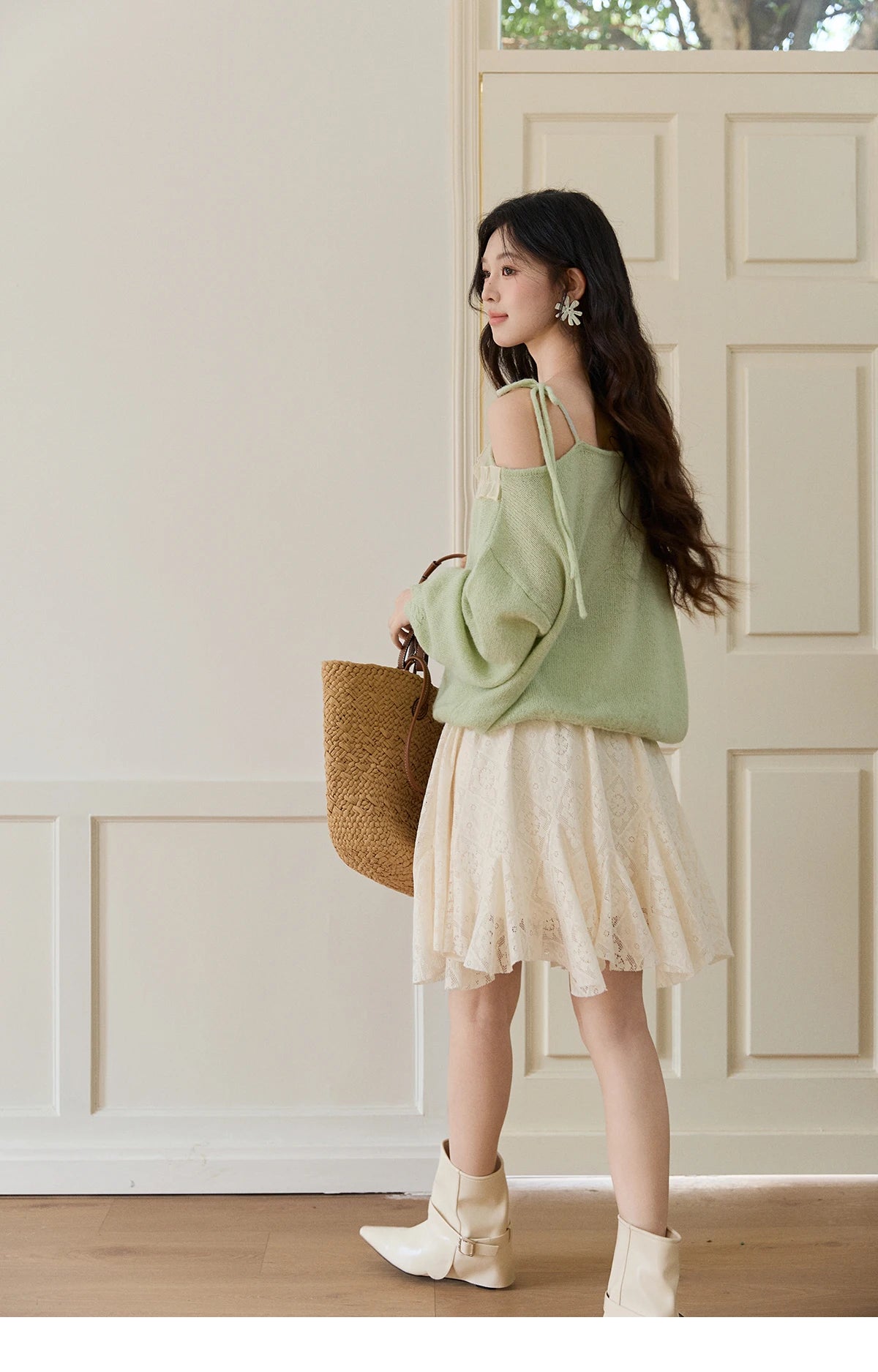 MISHOW Women's Light Green Knit Sweater 2026 Spring Asymmetrical Side Exposed Shoulder Tops Ruffled Casual Loose Top MXF108Z1027