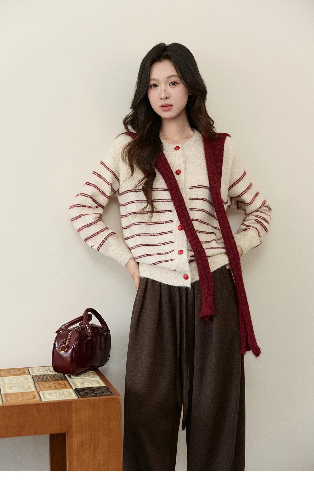 MISHOW Women's Beige Striped Knitted Cardigan 2025 Autumn Winter Red Scarf Decor Button O-Neck Warm Loose Sweaters MXE93Z2948