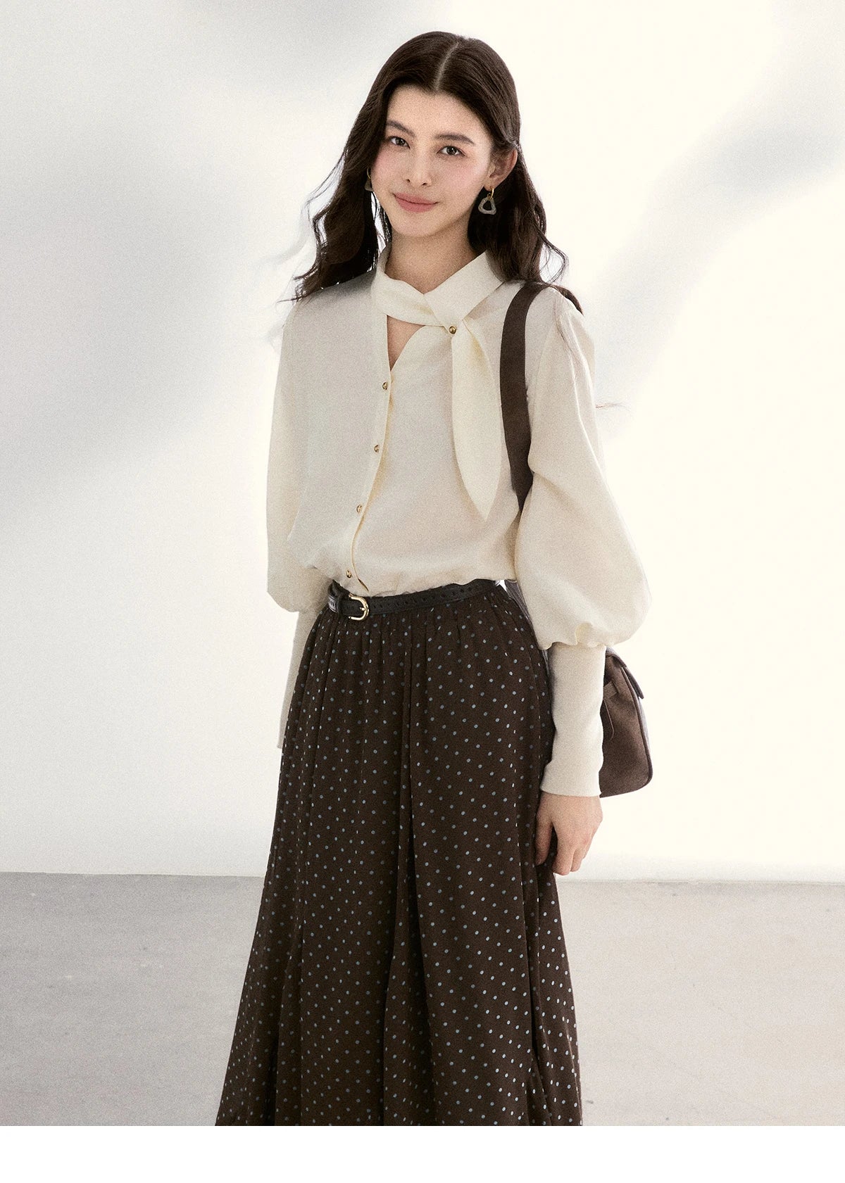 MISHOW Women's Tie Neck Shirts Spring Hollow-out Knitted Patchwork Puff Sleeve Tops Casual Elegant Shirt Office Lady MXF108C0812