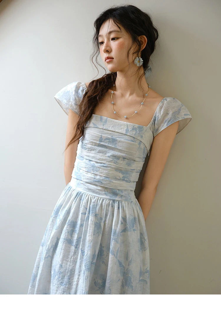 MISHOW Women's Fashion Print Dress 2025 Summer Square Neck Flying Sleeve Vacation High Waist Dresses Women's Clothing MXE35L2274