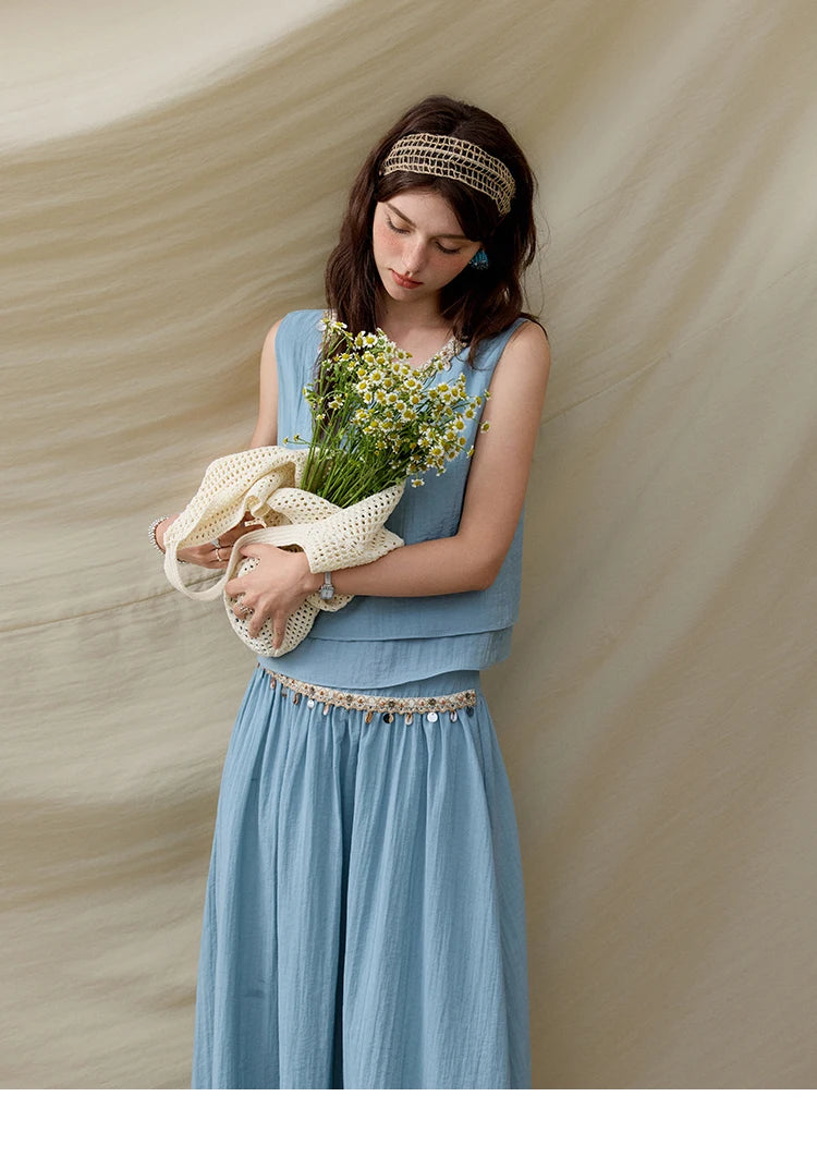 MISHOW Office Lady Summer Vest Skirt Sets Women 2025 Sheel Ribbon Solid Round Neck Tops Loose High Waist Skirt Female MXE32T0556