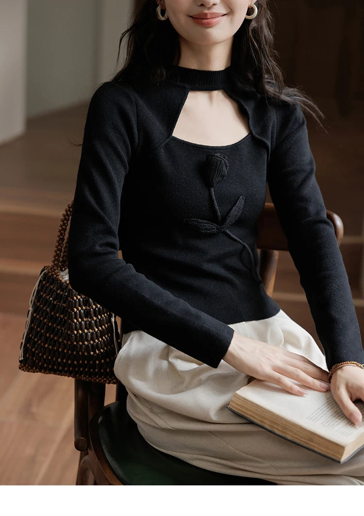 MISHOW Women’s Black Tulip Knitted Sweater French Vintage Hollow Out Sweaters Mock Neck 2024 Fall Elegant Slim Top MXD42Z0731