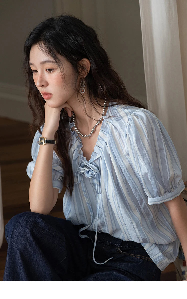 MISHOW Women's Striped Casual Shirt 2025 Summer New Lady Fashion Puff Sleeve V-Neck Button Blue Shirt Female Clothing MXE36X1870