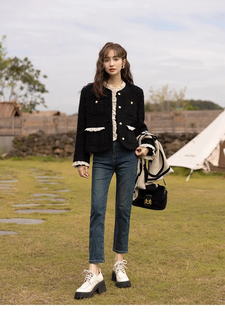 MISHOW Wool Coat for Women Winter Korean Retro Lace Splicing Lamb Wool Button Pockets Thickened Warm Female Coat MXB43W0720