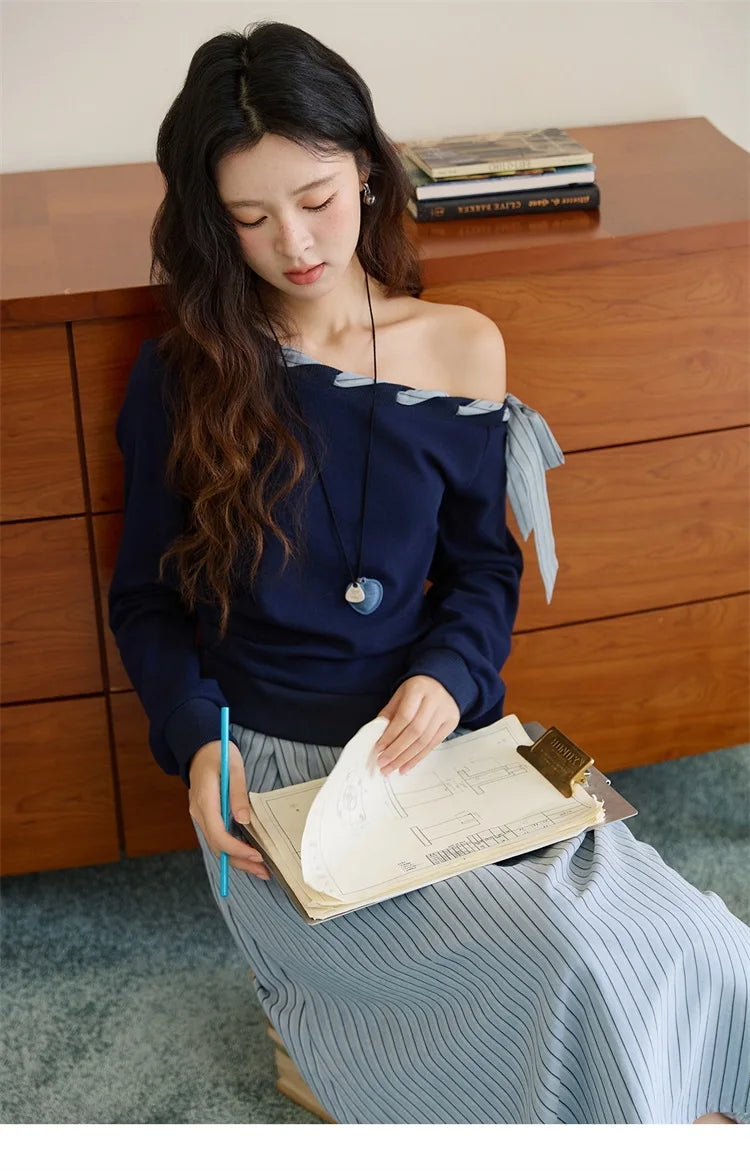 MISHOW Woman Striped Dress 2025 Autumn Blue Navy Slash Neck Contrast Lace Long-sleeved Dress Sexy Clothes for Women MXE45L2516