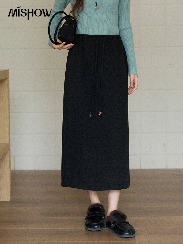 MISHOW Woman Brown Skirt 2025 Retro High Waist Loose Fitting Half Body Skirt with Back Split Straight Leg Long Skirt MXE90B2447