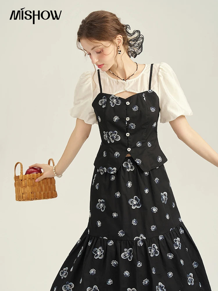 MISHOW High Waist Slim Floral Printing A-line Skirts Temperament Mid Length Skirt 2025 Summer Elastic Waist Skirt MPD21B0398