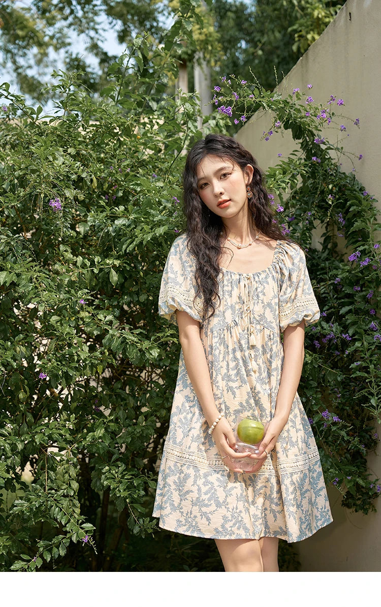 MISHOW French Floral Printing Dress for Women 2024 Summer Vacation U Neck Lace-up Bubble Sleeve Loose Doll Dresses MXD27L1898