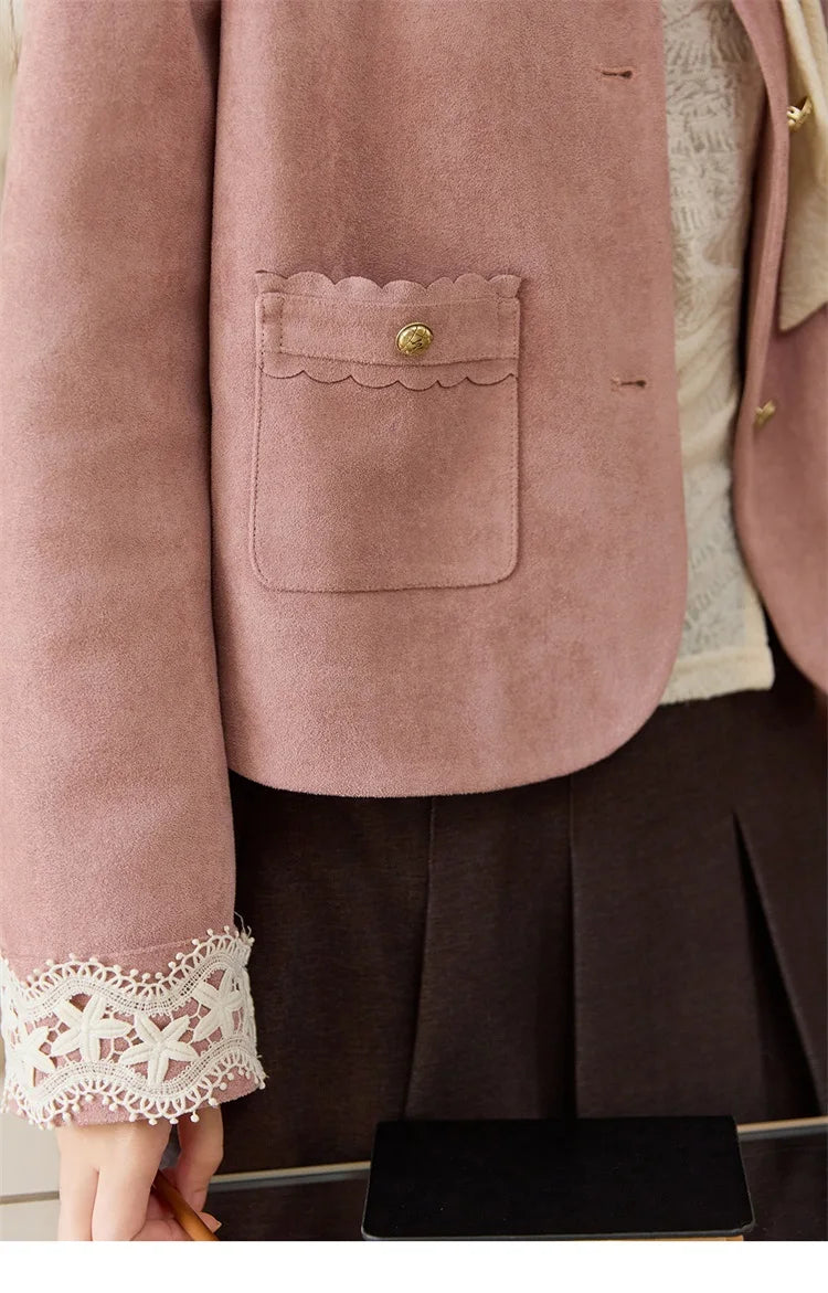 MISHOW Fragrant Suede Jacket for Women Autumn 2025 Cuffs Hollowed Out Lace Short Coats O-neck Metal Button Jackets MXE46W0839