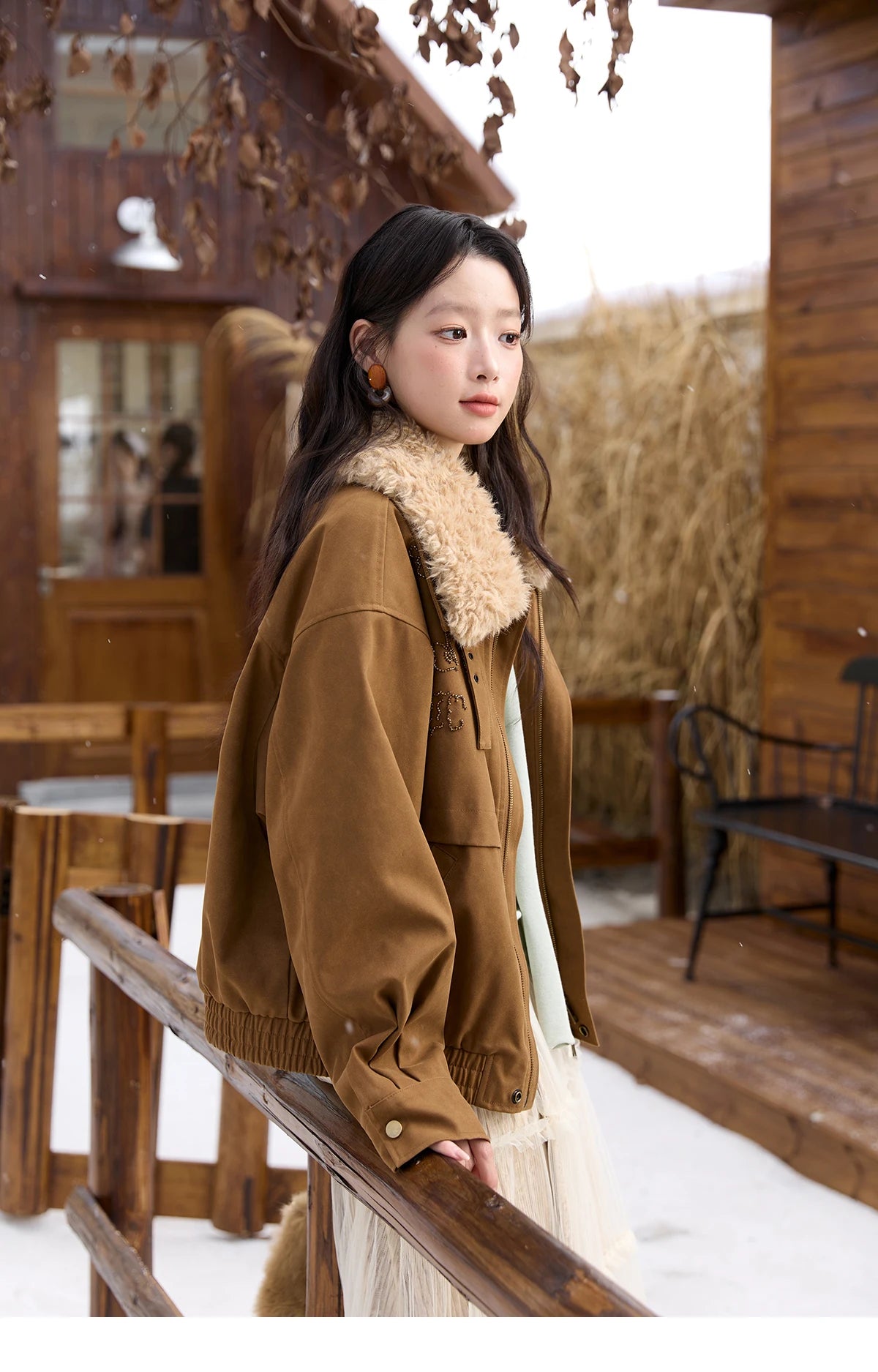 MISHOW Brown Suede Jacket for Women 2025 Winter New Detachable Fur Collar Coat commute Long Sleeve Zipper Jacket MXE51W0876