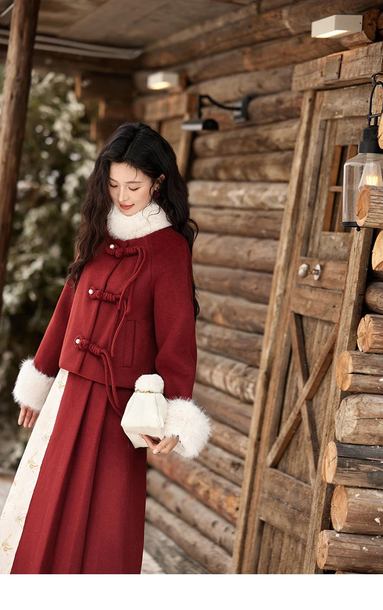 MISHOW Tweed Jacket Midi Skirts Separately Removable Fur Collar Frog Short Coat Cotton Clip A-LINE Pleated Skirt MXD59W0609