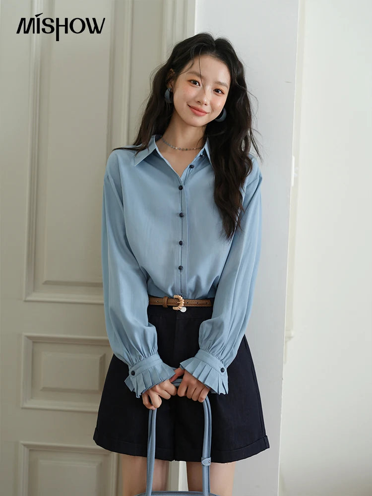 MISHOW Women's Shirts 2025 Autumn Color Blocking Buttons Pleated Cuffs Loose Top Female Solid Lapel Commuting Shirts MXE41C2352