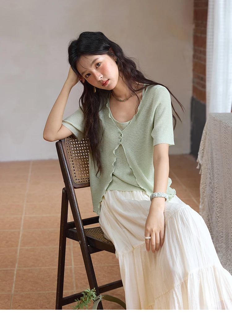 MISHOW Women's Mint Green Fake Two Piece Short Sleeved Knitted Cardigan 2025 Summer Solid Color Loose Comfortable Top MXE36Z1286