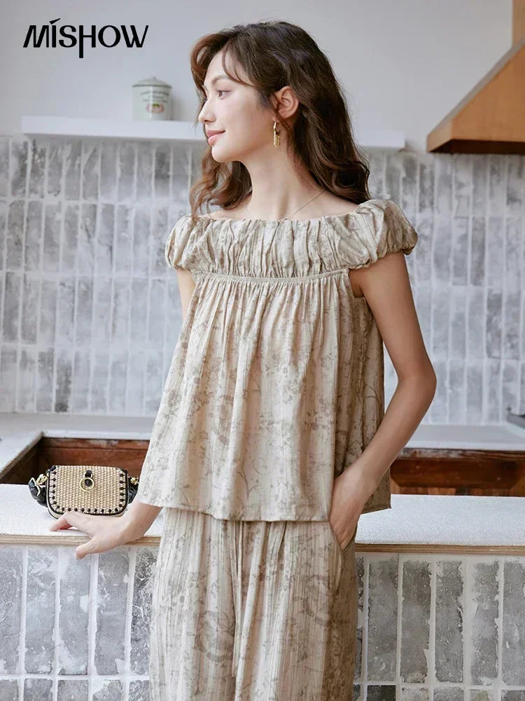 MISHOW Ink Printing Slash Neck Top Wide Leg Trouser Separately Summer Elastic Waist Pants Folds Chiffon Office Lady MXC39X1298