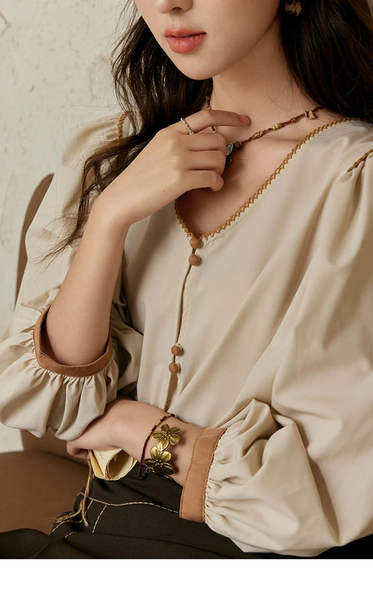 MISHOW French Retro Contrasting V-neck Shirt 2024 Autumn Solid Lantern Sleeve Top Single Row Two Buttons Casual Shirt MXD26X1597