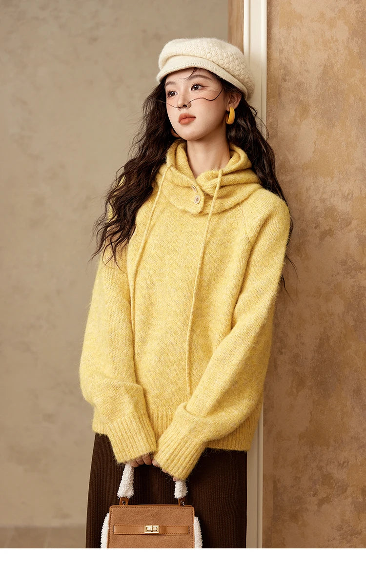 MISHOW Knitted Sweater Hooded Neck Warm Wool for Women 2025 Autumn Winter Cozy Loose-Fit Casual Solid Pullover Top MXD59Z1123