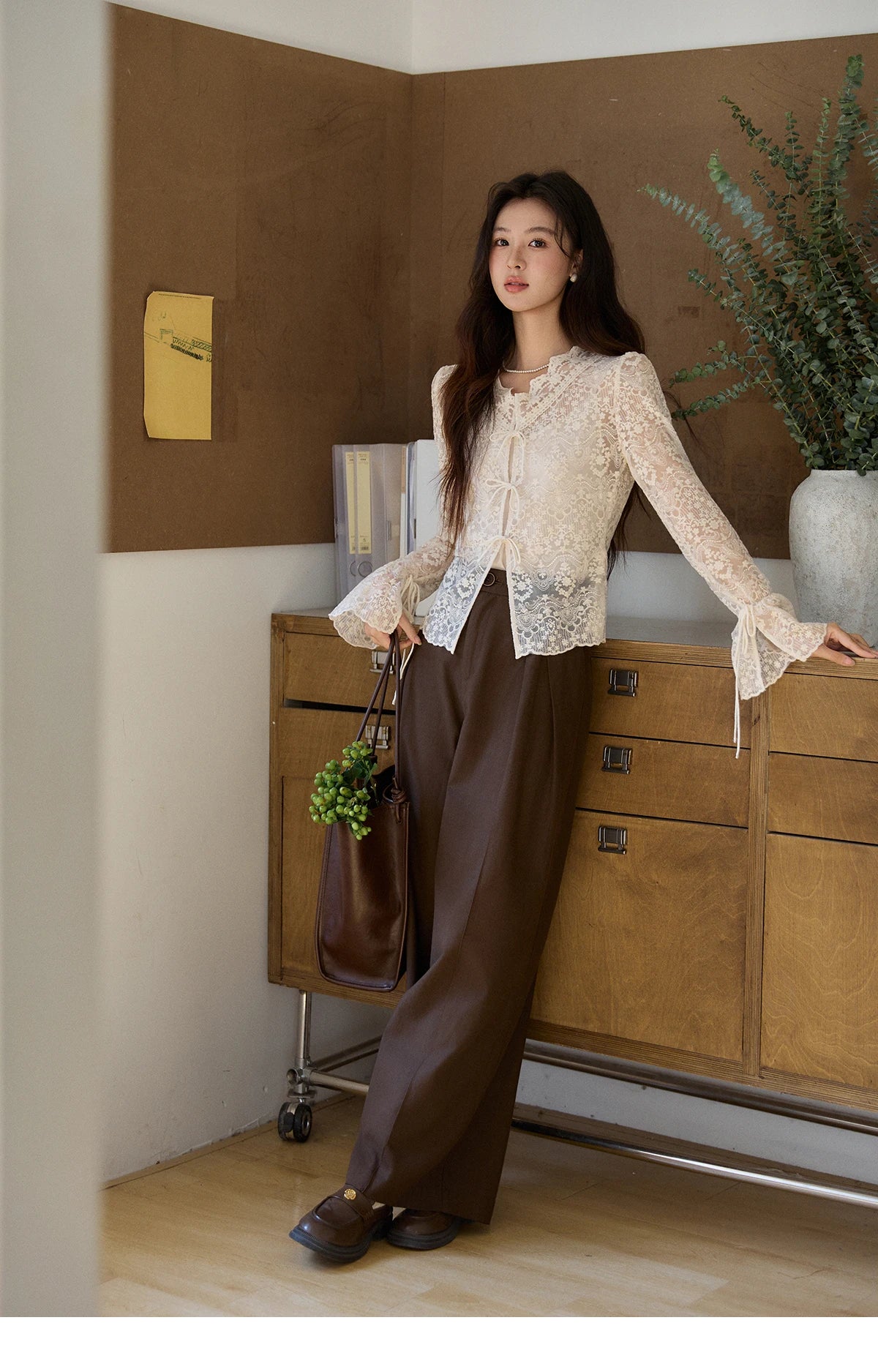 MISHOW Women's Sweet Lace Top Camisole Set Spring Tie Front Flare Sleeve Sheer Casual Elegant Two-Piece Knitwear MXF108X1001