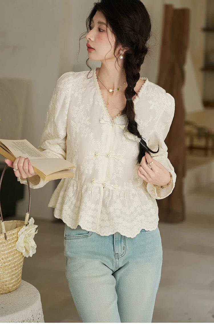 MISHOW Chinese Lace Blouses French Sweet Three-dimensional Embroidery Spring 2024 Button Up V-neck Long Sleeved Top MXD14X1433