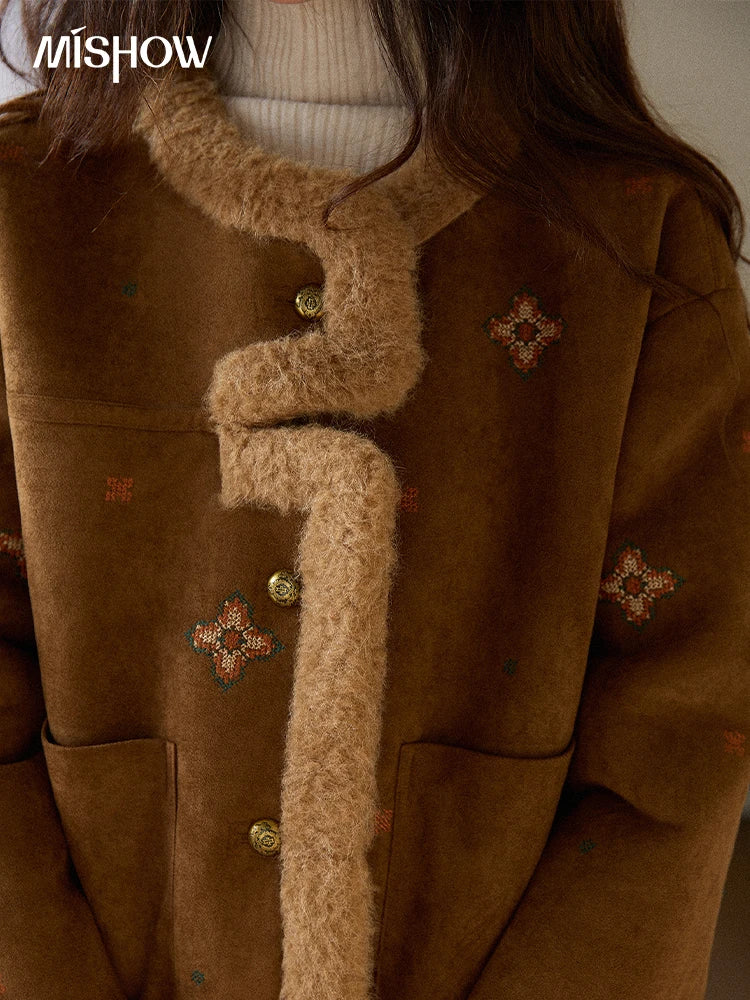 MISHOW Women Brown Jacket 2025 Winter Retro Stand Collar Single-Breasted Windproof Coat Comfortable Long-Sleeve Coat MXE86W0910