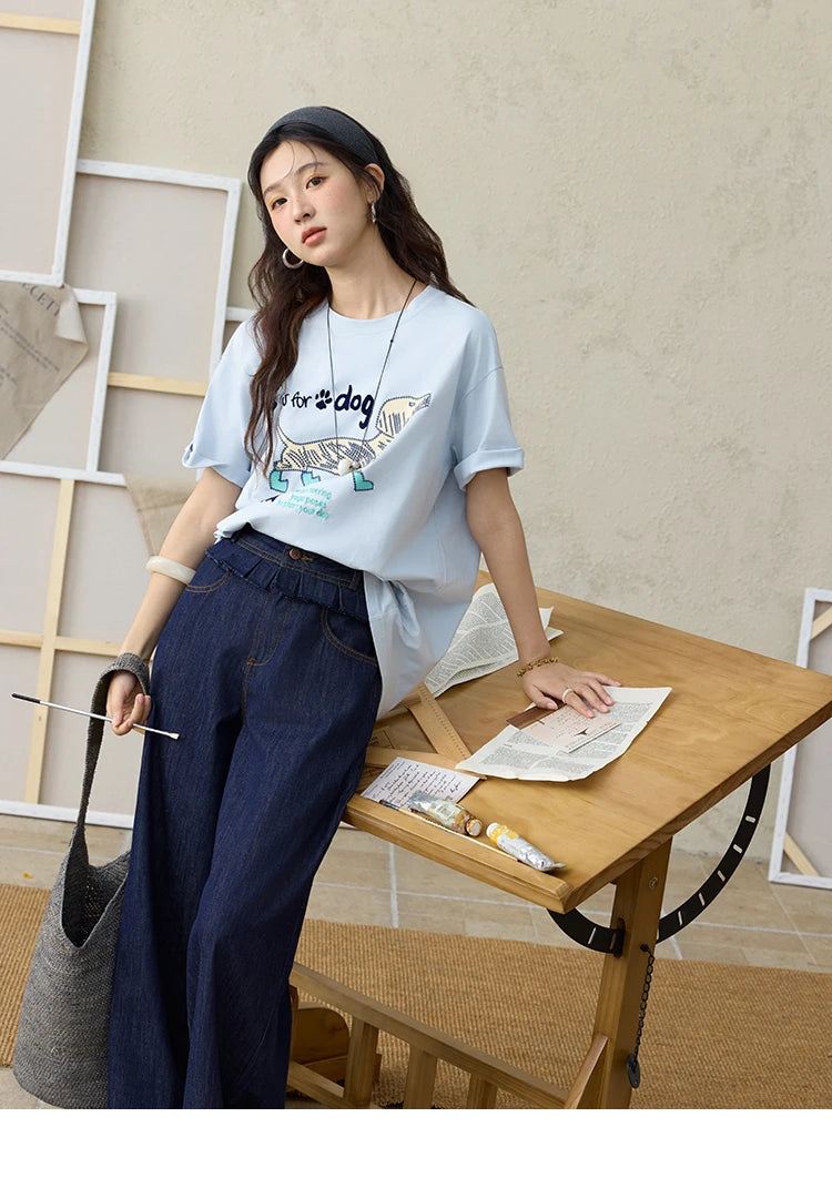 MISHOW Print Summer T-shirts Women 2025 Short Sleeve Round Neck Flocked Puppy Loose Shirt Female Casual Versatile Top MXE33T0542