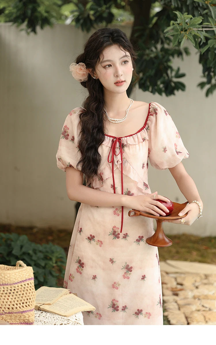MISHOW Korean Floral Bubble Sleeve Lace-Up Dress MXD31L1924