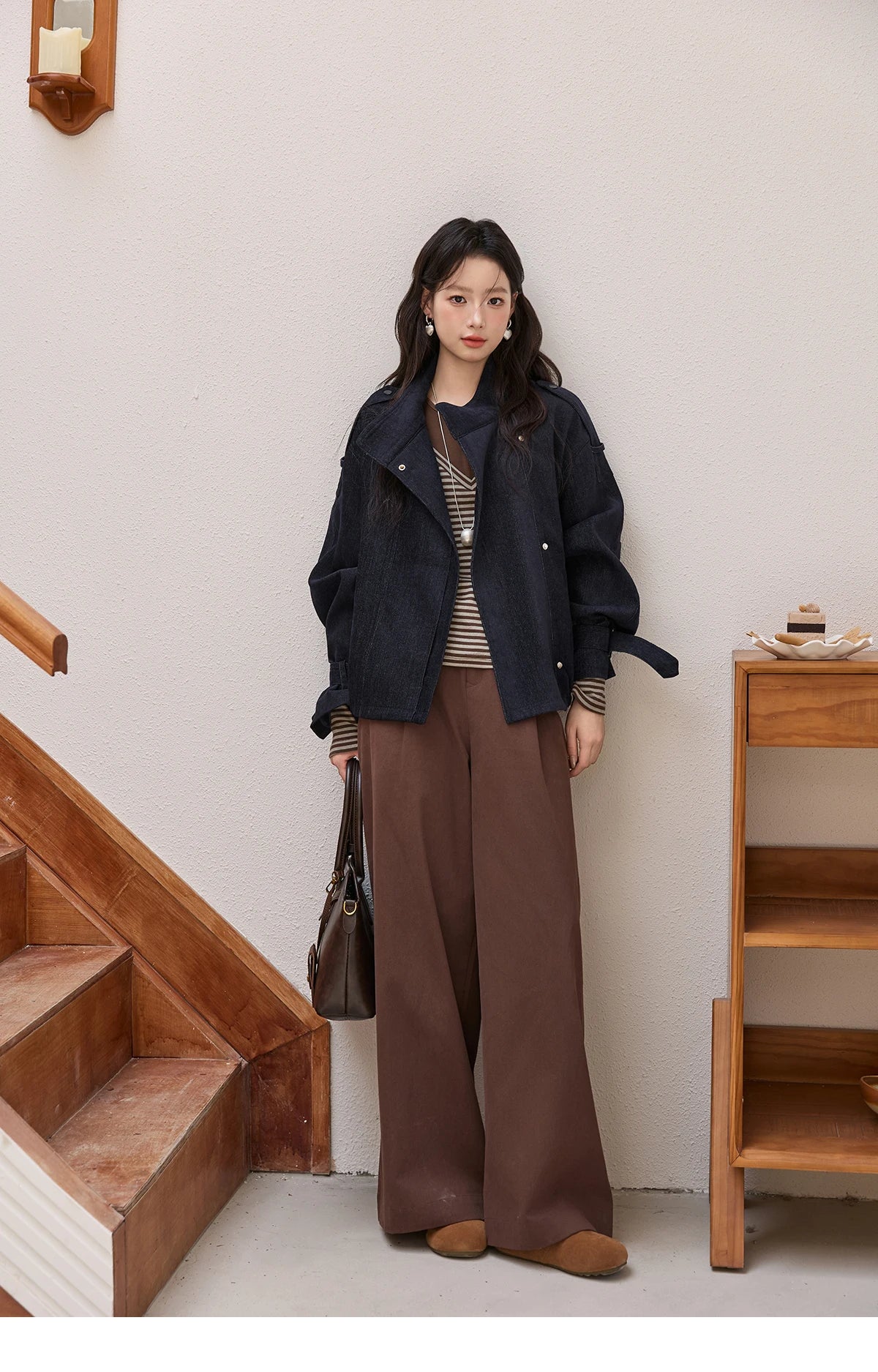 MISHOW Navy Blue Short Jacket for Women 2025 Autumn Winter Safari Style Stand Collar Epaulette Design Cuff Jacket MXE49W0901