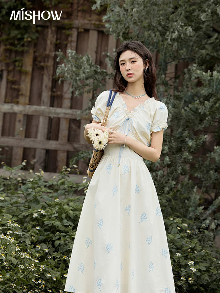 MISHOW French Print Summer Dresses for Women 2025 New Short Puff Sleeve V-neck Slimming Dress Female Fashion Cotton MXE32L2210
