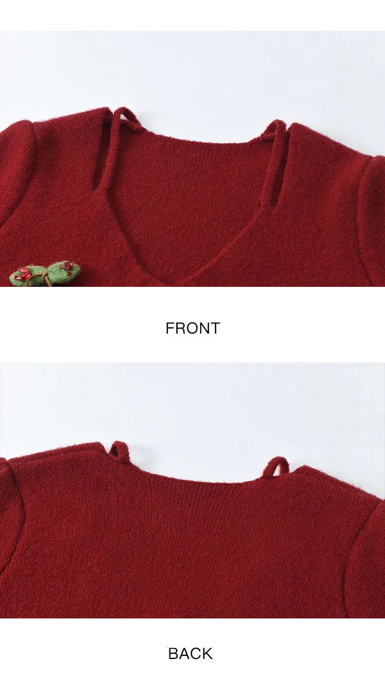 MISHOW Red Knitted Short Cardigan Women Autumn Winter New Cherry Ornaments Sweet Slim Fit V-neck Long Sleeve Tops MXD112Z1006
