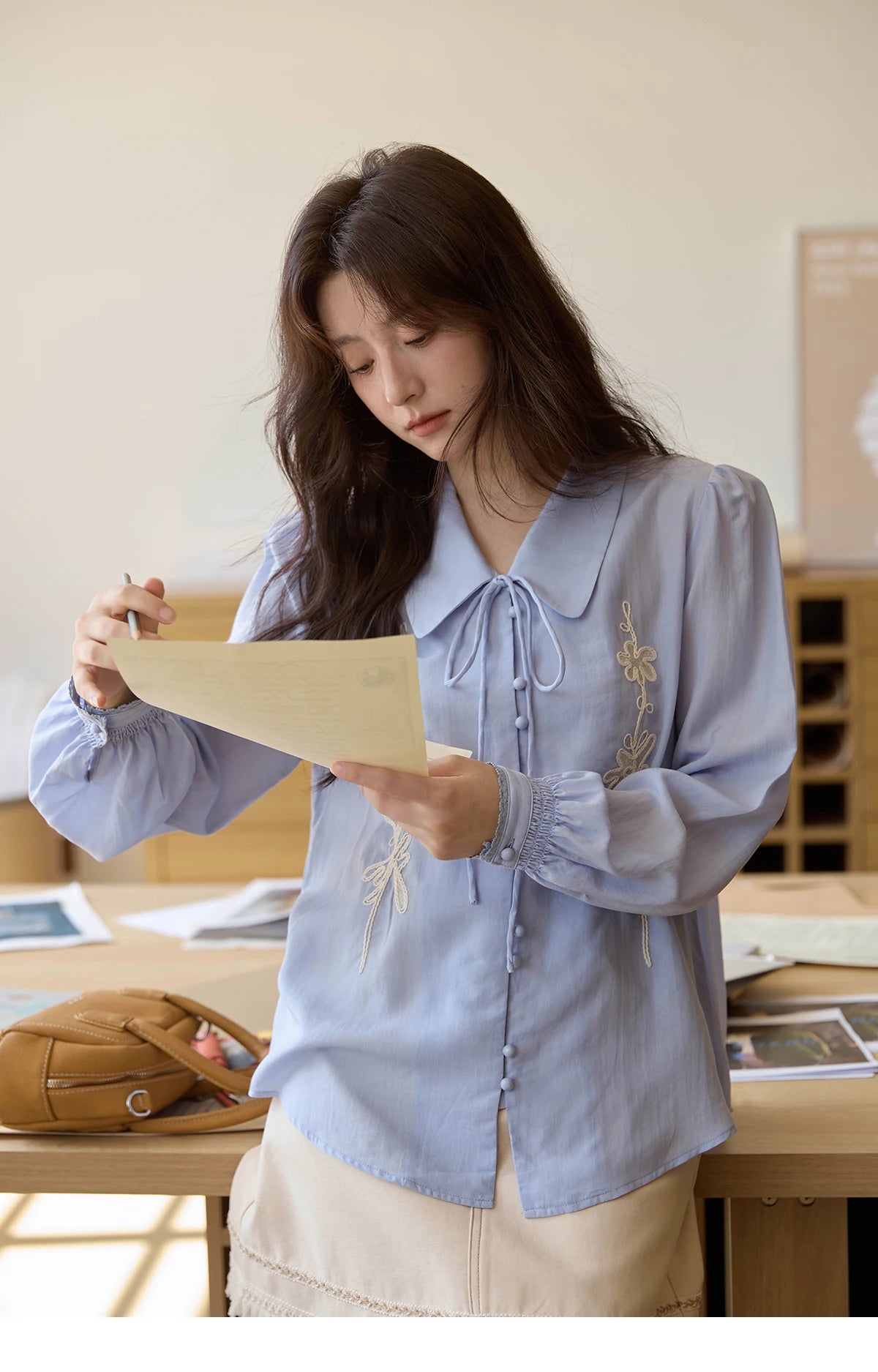 MISHOW Women's 100% Lyocell T-Shirt 2025 Autumn Flower Embroidered Tops Puff Sleeves Lapel Lace-up Shirts Office Lady MXE42C2371