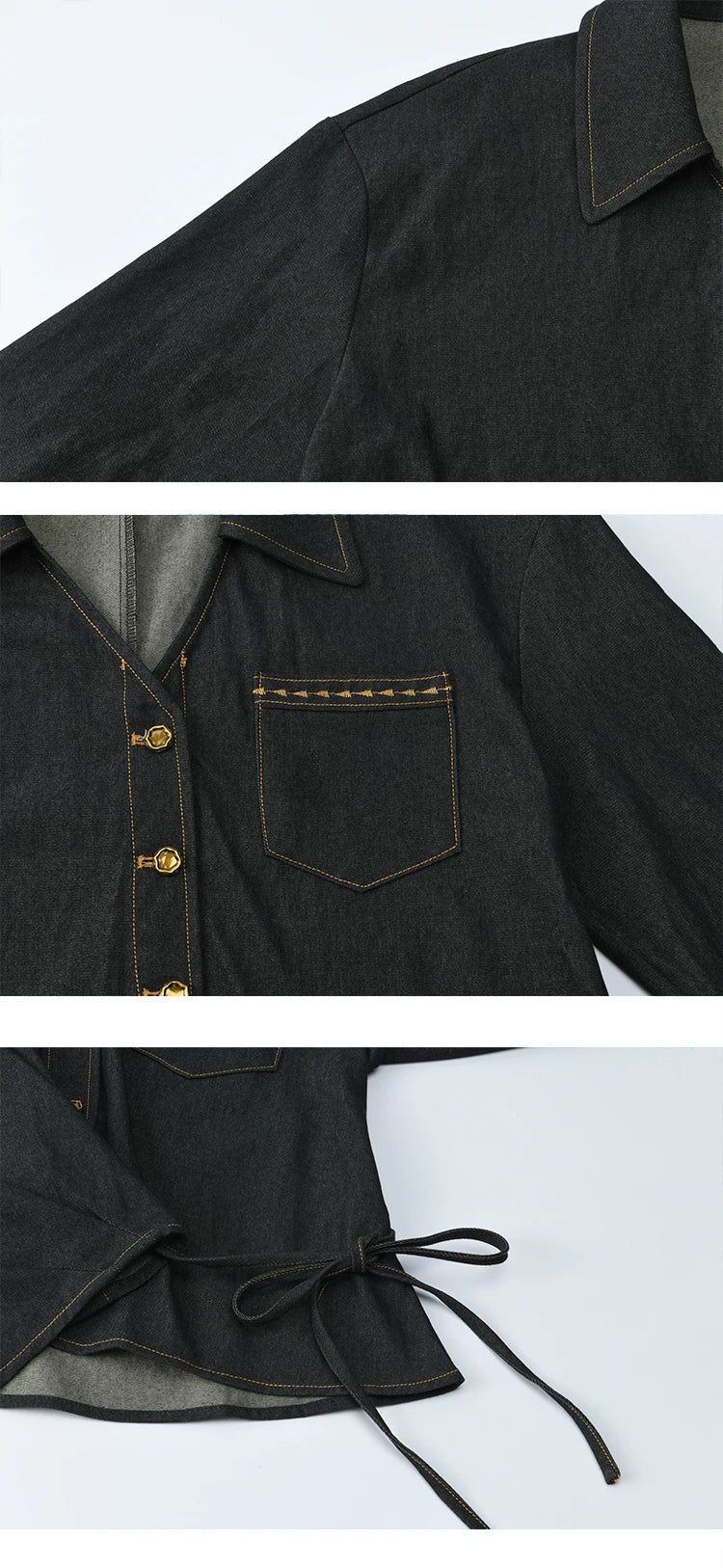 MISHOW Black Imitation Denim Shirt Side Lace-Up Lapel V-Neck MXE42C2374