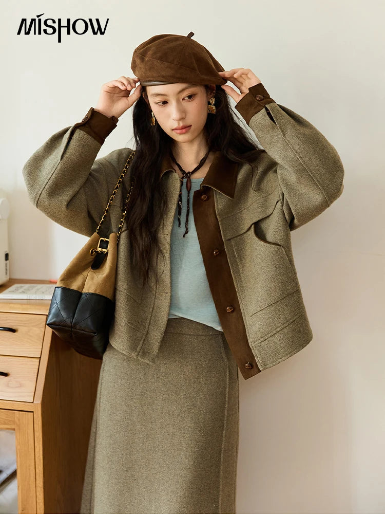 MISHOW Wool Woolen Coat for Women 2025 Autumn Contrasting Suede Patchwork Retro Short Top Lapel Loose Warm Coats MXE46W0844