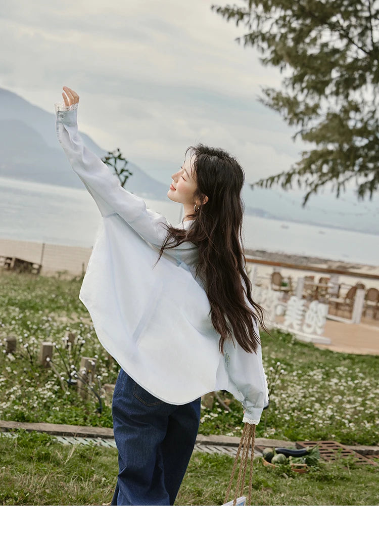 MISHOW Blue Office Lady Shirts Women 2025 Summer New Round Neck Long Sleeve Hollow Embroidery Blouses Female Fashion MXE31C0775