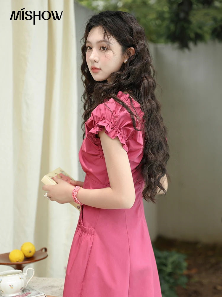 MISHOW Women's 100 Cotton Stringy Selvedge V-Neck Waist Dress 2024 Summer French Symmetric Pocket Mid Length Dresses MXD29L1934