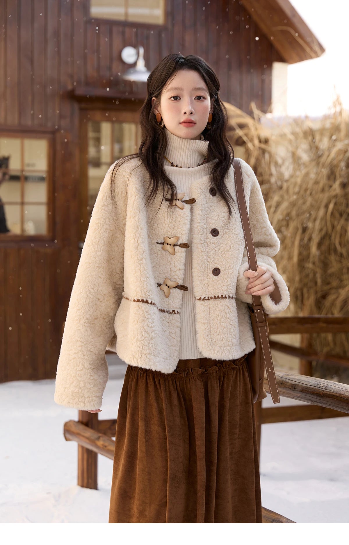 MISHOW Winter Jackets Women 2025 Retro Apricot Imitation Lambswool Coat Commuter Round Neck Single-breasted Jacket MXE51W0874