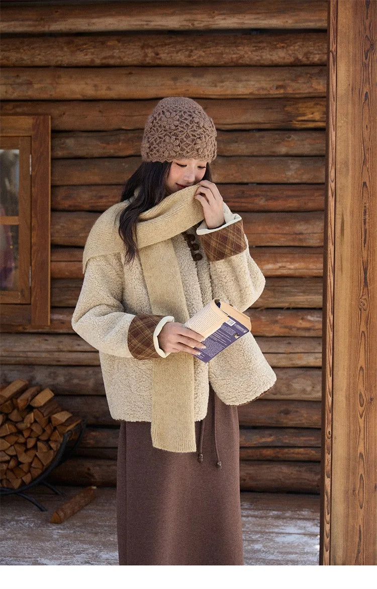 MISHOW Woman Plaid Patchwork Lamb Wool Coat 2025 Winter Round Neck Coat Commute Warm Loose Jacket （Without A Scarf）MXE90W0923