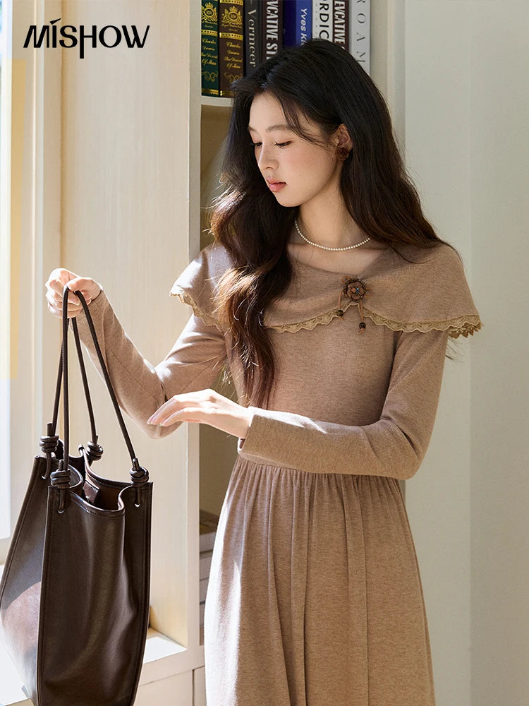 MISHOW Women's Khaki Knitted Dress 2026 Spring Large Collar Decor Long Sleeve Dresses Pleated Casual Elegant Dress MXF11L2553